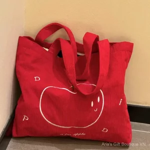 Túi Tote đơn giản dung tích lớn Corduroy Apple Thêu Retro Tất cả các trận đấu Túi đeo vai đi lại mùa xuân di động