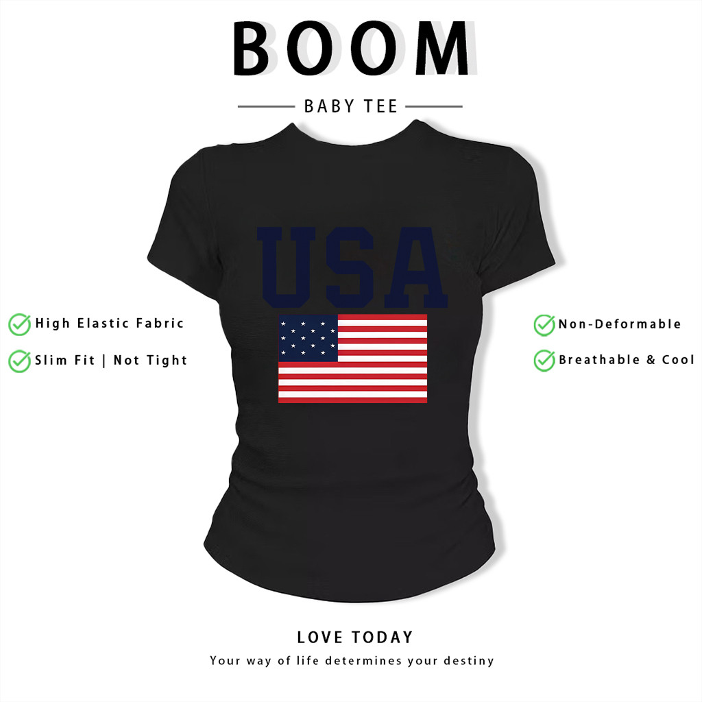 BOOM Áo Baby Tee Nữ Cotton Ôm Body-Áo Thun Ngắn Tay Y2K In Hình PhongCách Mùa Hè, Cổ Tròn Hàng Đầucách hàn quốc phongR36