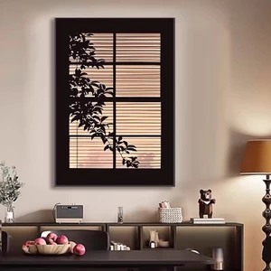 tranh treo tường cửa sổ giả decor phòng khách họa tiết bóng cây ánh sáng chữa lành tranh vải canvas trang trí bàn làm việc