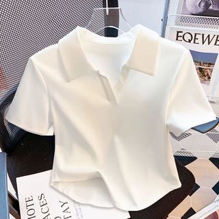 Cotton Trắng Polo Ve Áo Slim-fit Ren Ngắn Tay Nữ Mùa Hè Phong Cách Pháp Cổ Chữ V Ngắn Phù Hợp Với Top e