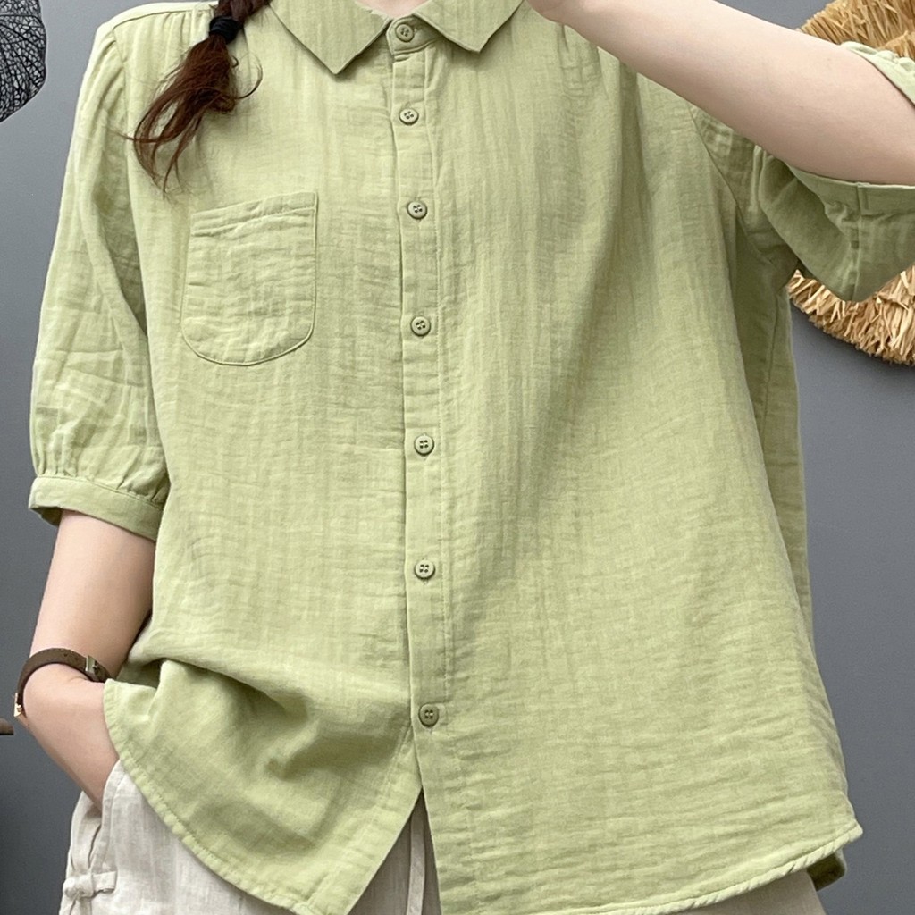 <![Sẵn Sàng] Áo sơ mi nữ mùa hè từ sợi cotton cao cấp, tay năm phần tư rời, thoáng mát và mềm mại