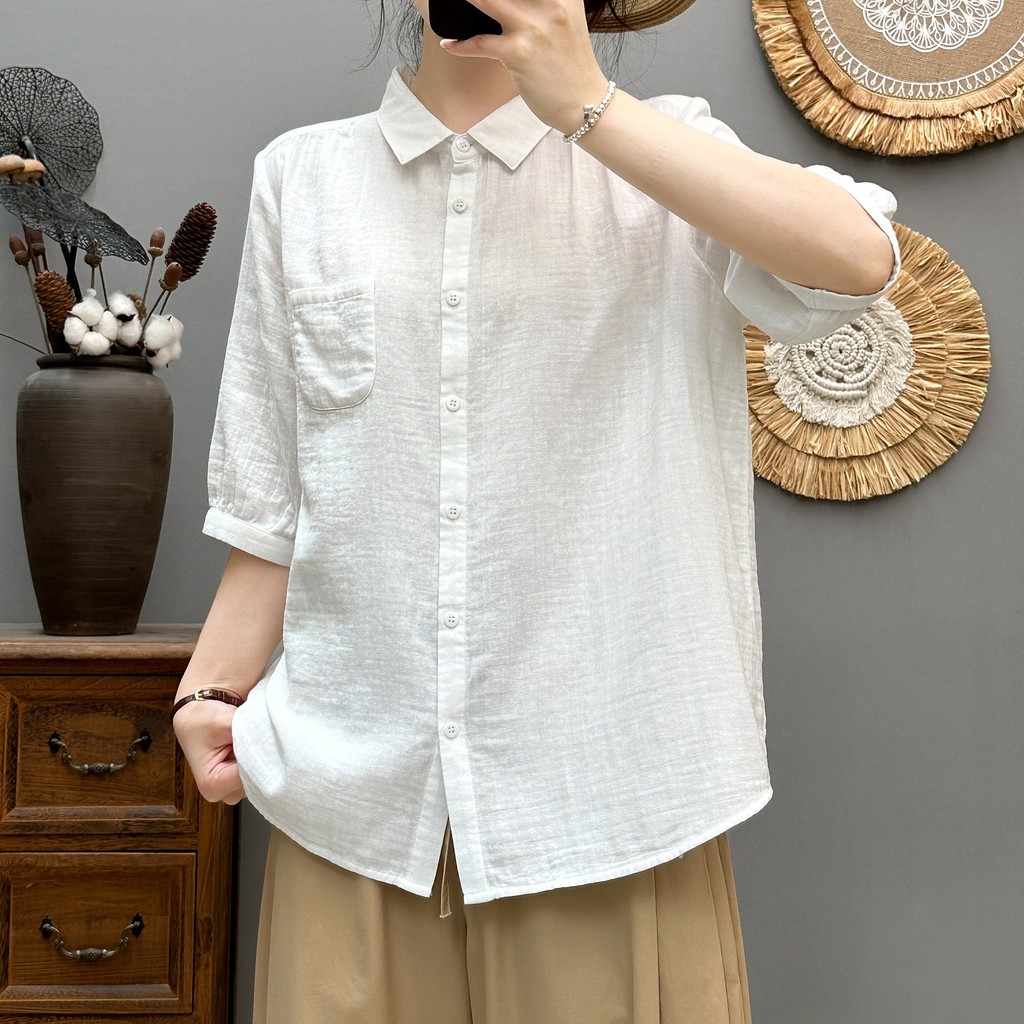 <![Sẵn Sàng] Áo sơ mi nữ mùa hè từ sợi cotton cao cấp, tay năm phần tư rời, thoáng mát và mềm mại