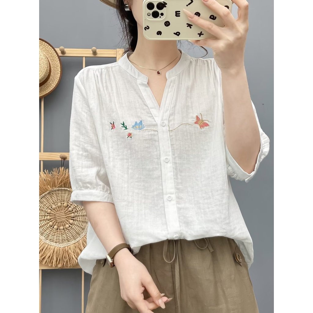 [Hàng có sẵn] Áo sơ mi nữ 100% Cotton chất lượng cao Mùa hè Áo sơ mi dài tay đa năng tay năm phần tư