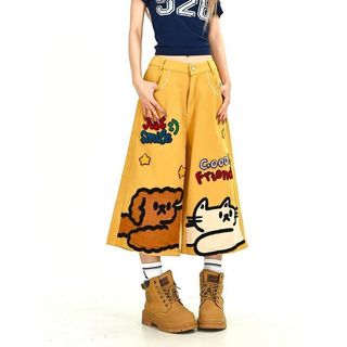 DICHUANGZHE Nam Nữ Đường Phố Cao Cấp Hoạt Hình Mèo Và Chó In Chân Thẳng Quần Cắt denim