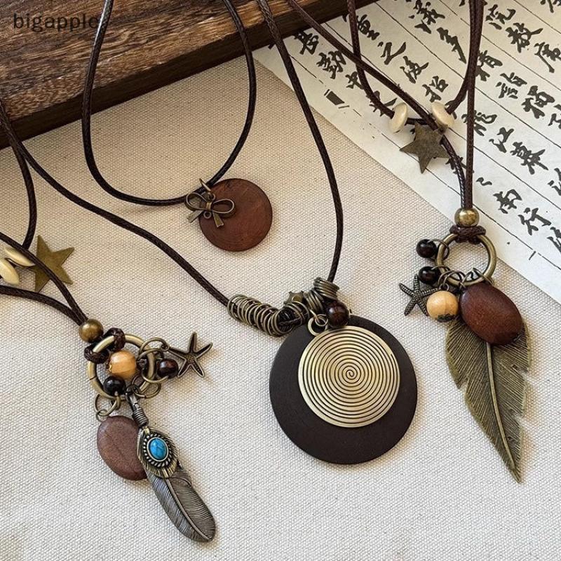 Bigapple Vintage Boho Kim Loại Lông Vũ Mặt Dây Chuyền Ren Nữ Handmade Lớp Trang Sức RDG