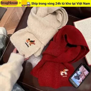 SNUGHOUSE Khăn sọc dệt kim, Khăn len thêu chó mềm mại, Thời trang thoải mái thêu dễ thương Khăn quàng cổ nữ sinh viên