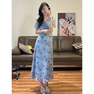 Mùa hè thon gọn hơn Váy voan ngắn tay họa tiết hoa eo hẹp kiểu dáng mới dành cho nữ a @