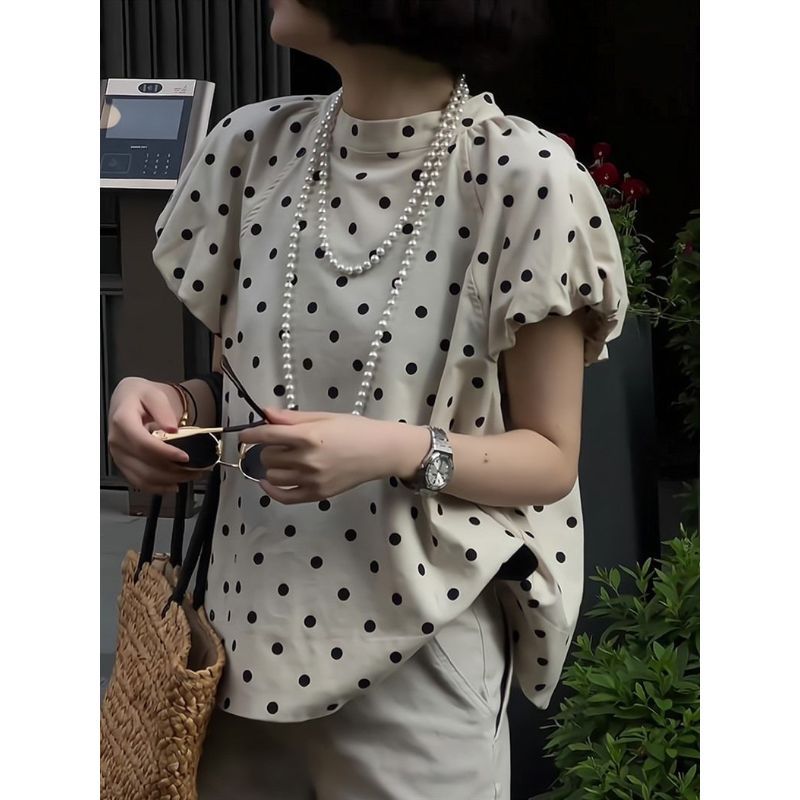 [Mặc nhỏ dễ thương] Áo sơ mi bán chạy mùa hè Châu Âu Áo thun tay phồng Niche kiểu Pháp chấm bi thời trang