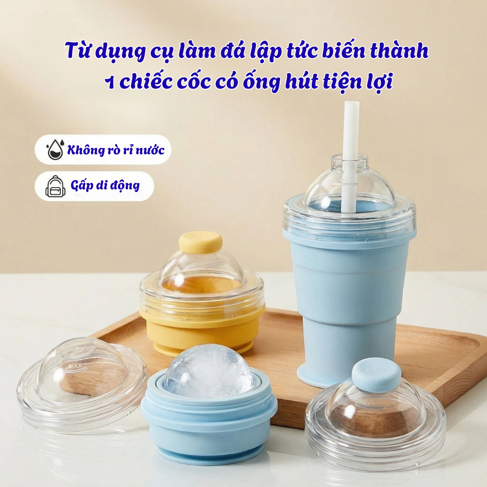 Cốc Gấp Gọn HomeMate 2in1 Làm Đá Viên – Cốc Silicone Du Lịch Kèm Ống Hút, Khuôn Làm Đá Mini Tiện Lợi 2026
