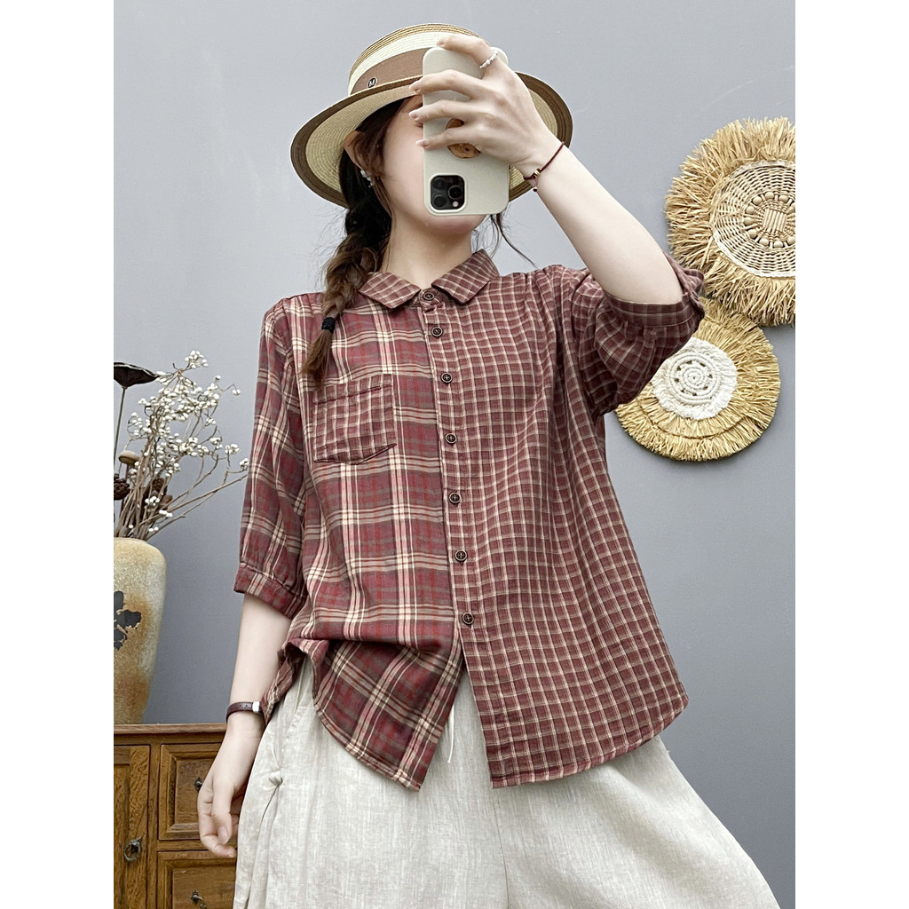Áo Sơ Mi Nữ Sợi Cotton Cao Cấp Kẻ Sọc Tay Vừa Mùa Hè Mới Thường Ngày Skinny Top
