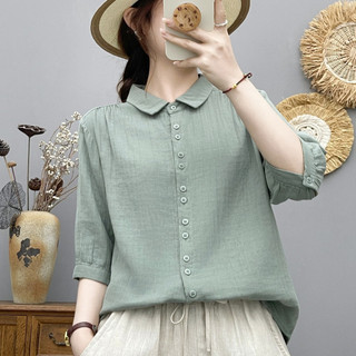 Áo sơ mi nữ cotton mềm mại, thiết kế đơn giản màu trơn năm phần tư tay