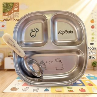 Đĩa Bé Bằng Thép Không Gỉ 3 Ngăn Dễ Thương Capybara Cho Bé Ăn Muỗng Hoạt Hình Khay Ăn Trưa