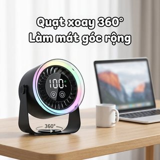 Quạt Để Bàn Di Động Im Lặng Turbofan 2 Trong 1 LED RGB Xoay 360 Độ Có Thể Sạc Lại Phòng Ngủ Văn Phòng
