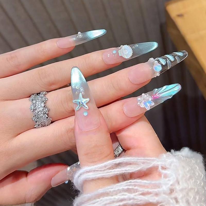 JRP 12 Lưới / Hộp Màu Xanh Trắng Móng Tay Charm Shell Ngọc Trai Sao Biển Nàng Tiên Cá Đuôi 3d Móng Tay Nghệ Thuật Phụ Kiện Cho Một Giấc Mơ Và Đại Dương Làm Móng Tay Nhìn JRP