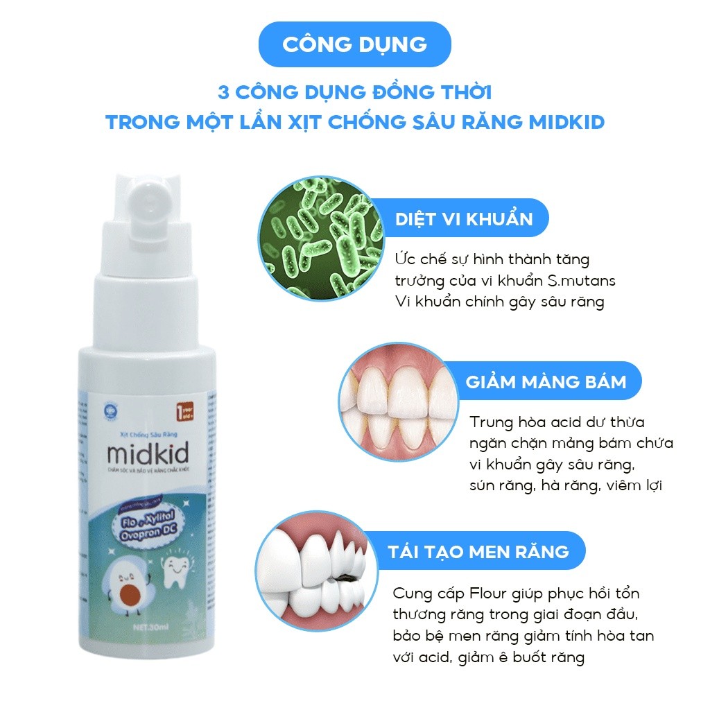 Xịt chống sâu răng Midkid cho bé từ 1 tuổi nuốt an toàn vị Nho 30ml giúp làm sạch thơm miệng loại bỏ mảng bám đen ố vàng