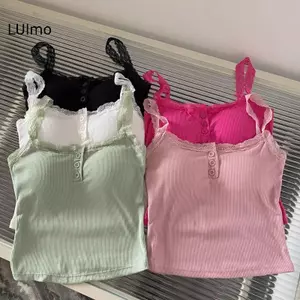 LUImo Mùa Hè Dây Ren Chắp Vá Camies Nữ Màu Trơn Không Tay Nút Tank Top SBS