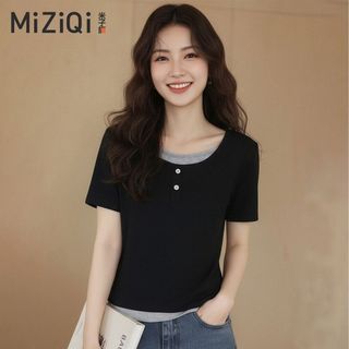 【MiZiQi】 Áo thun ngắn tay giả hai mảnh cotton nguyên chất dành cho nữ, áo giảm béo mùa hè cho nữ