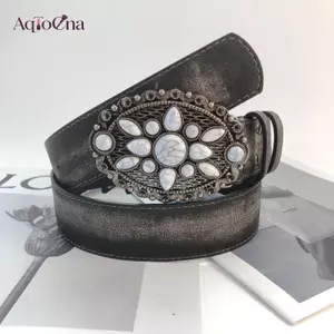 AqToCna Vintage Đá Trắng Bule Thắt Lưng Khắc Hoa Thắt Lưng Da Nổi Boho Thắt Lưng Phương Tây Quần Jean Thắt Lưng AqToCna