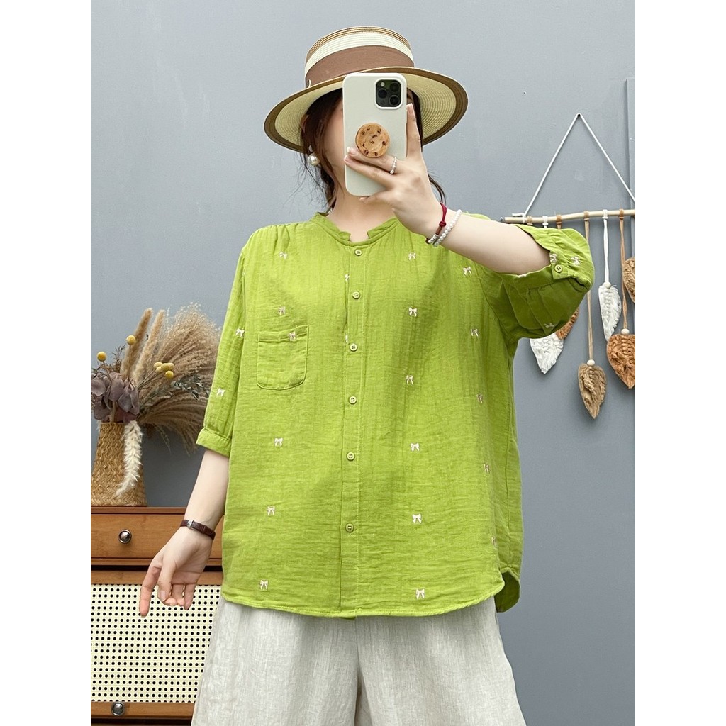 Áo sơ mi nữ cotton cao cấp hoạt hình Hàn Quốc thêu nơ dáng rộng cổ đứng ngắn tay