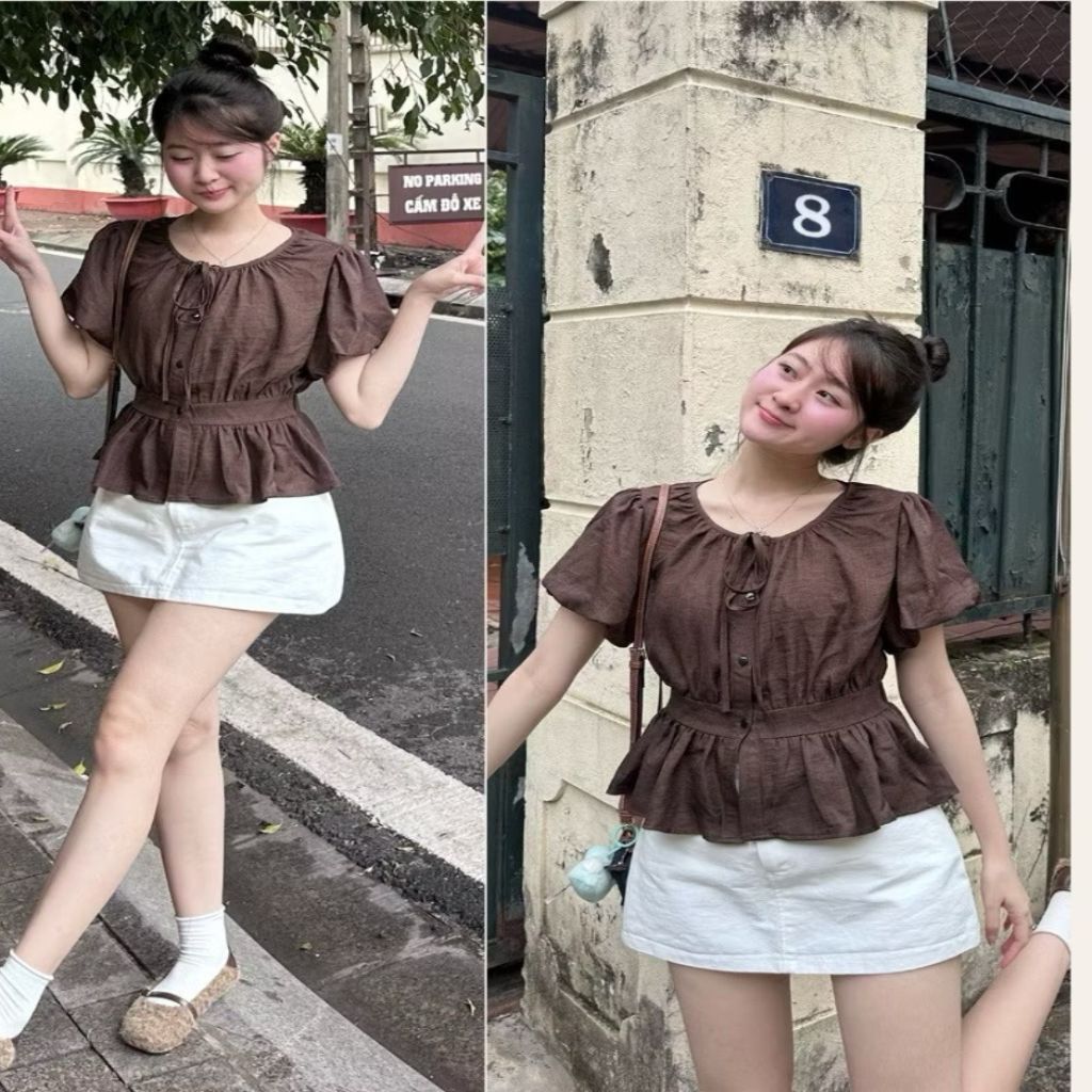 Áo Sơ Mi Cộc Tay Cổ Tròn Tay Bồng Chun Lưng A855 - SamHi Closet
