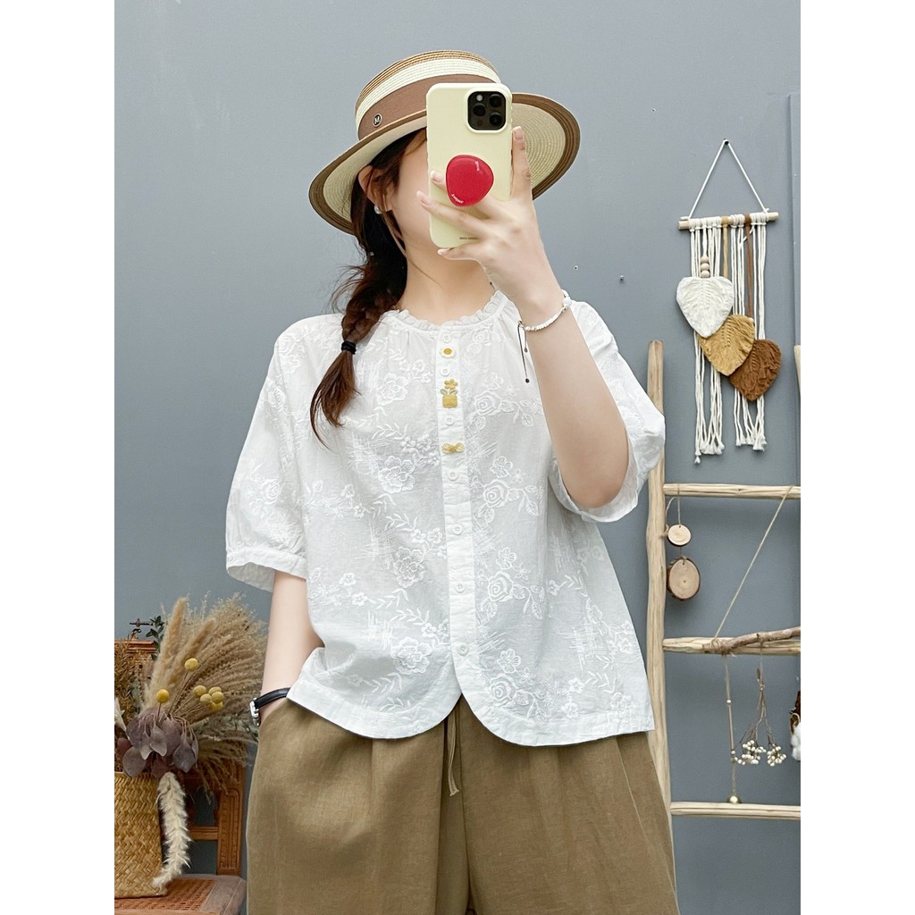 [Sẵn Sàng] Áo Sơ Mi Nữ Sợi Cotton Thêu Hoa Hồng Ba Chiều Chậu Áo Sơ Mi Trắng