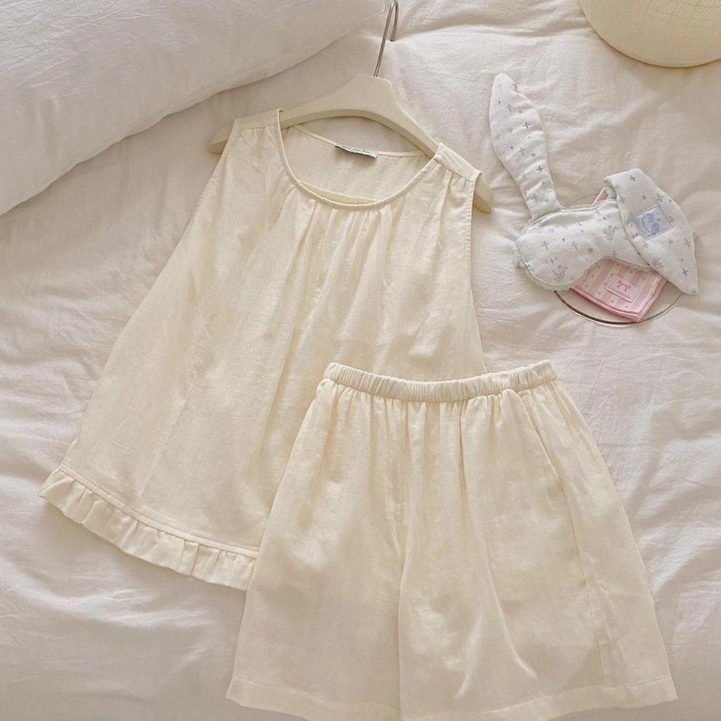 [Hàng mới về] Bộ đồ ngủ sợi hai lớp Cotton phiên bản Hàn Quốc dành cho nữ mùa hè Áo Vest dễ thương có thể mặc bên ngoài Đồ mặc nhà rộng rãi