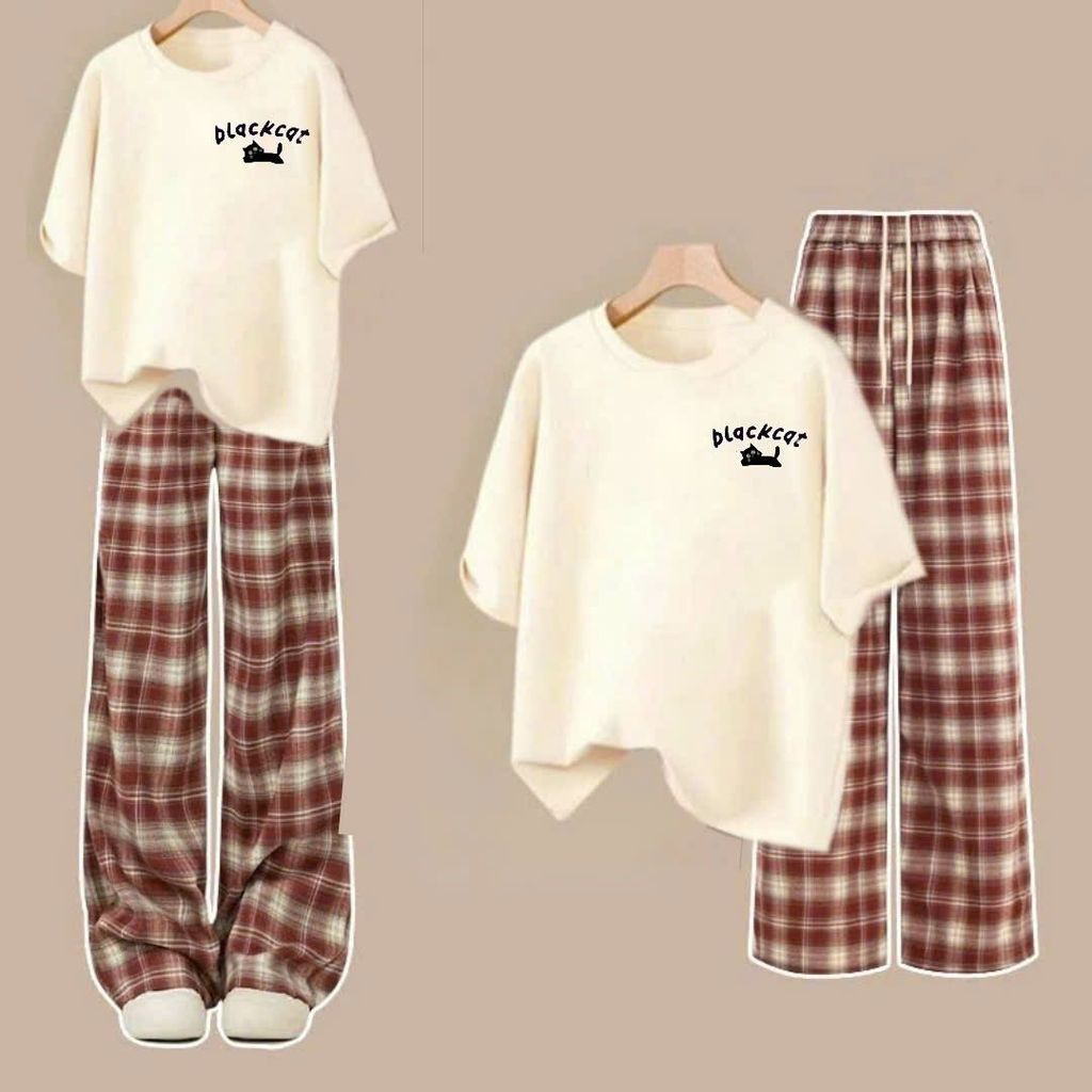 Bộ đồ quần dài caro đỏ +  phối áo phông chữ black cát  in ng ự c unisex freesize - chang3159
