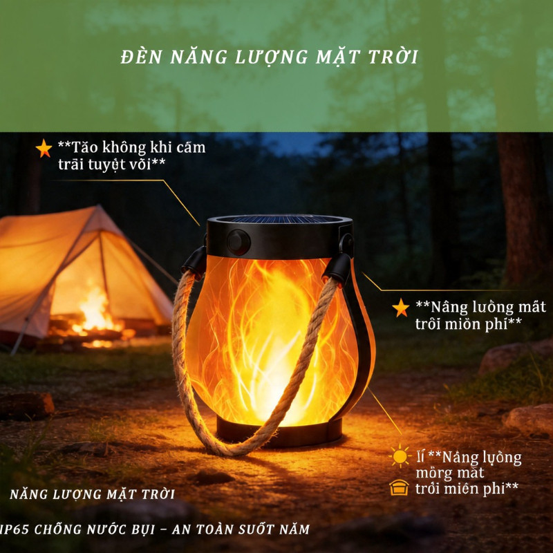 Đèn Lửa Năng Lượng Mặt Trời 800Lm - Sạc Kép Mặt Trời/USB, Tự Động, Hoàn Hảo Cho Cắm Trại & Trang Trí Sân
