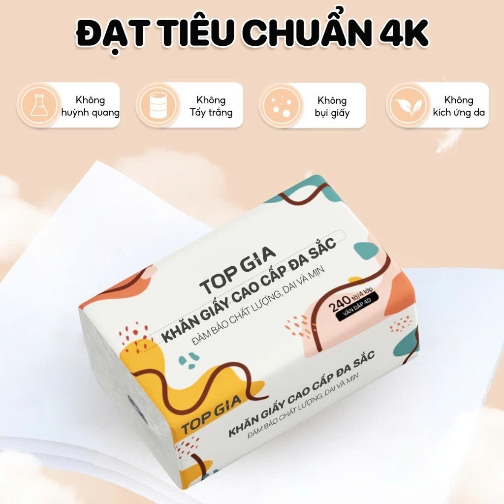 [HOT HOT HOT] Giấy ăn rút Topgia đa sắc cao cấp 240 tờ 4 lớp, dập vân 4D, mềm mịn, thấm hút tốt