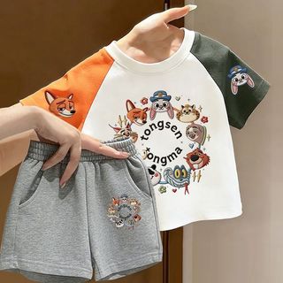 Trẻ Em Raglan Bộ Áo Thun Tay Ngắn Nam Nữ Bé Hoạt Hình Crazy Animal City Top Quần Short Thường Ngày Hai Mảnh Bộ t