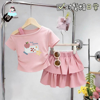 Bộ đồ bé gái lệch vai in hình trái cây - Áo nhún eo váy tầng xếp ngọt ngào năng động