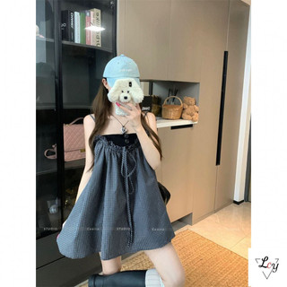 Đầm hoa dáng chữ A phong cách retro Pháp dành cho nữ ngoại cỡ, có dây buộc eo thanh lịch, đầm yếm dáng lửng phong cách Hàn Quốc mùa hè, tôn dáng, dây mảnh và họa tiết kẻ caro.