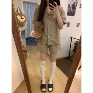 Bộ đồ ngủ và quần short ngắn tay sọc nâu xanh dành cho nữ và bộ đồ mặc nhà xinh đẹp cho bé gái