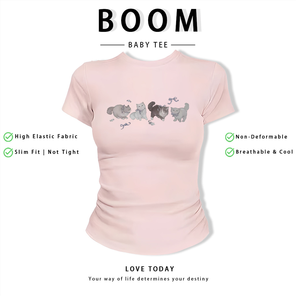 BOOM Áo Baby Tee Nữ Cotton Ôm Body-Áo Thun Ngắn Tay Y2K In Hình PhongCách Mùa Hè, Cổ Tròn Hàng Đầucách hàn quốc phongR66
