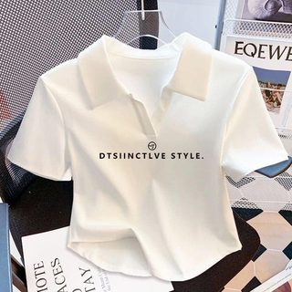 Cotton Trắng Polo Ve Áo Slim-fit Ren Ngắn Tay Nữ Mùa Hè Phong Cách Pháp Cổ Chữ V Ngắn Phù Hợp Với Top e