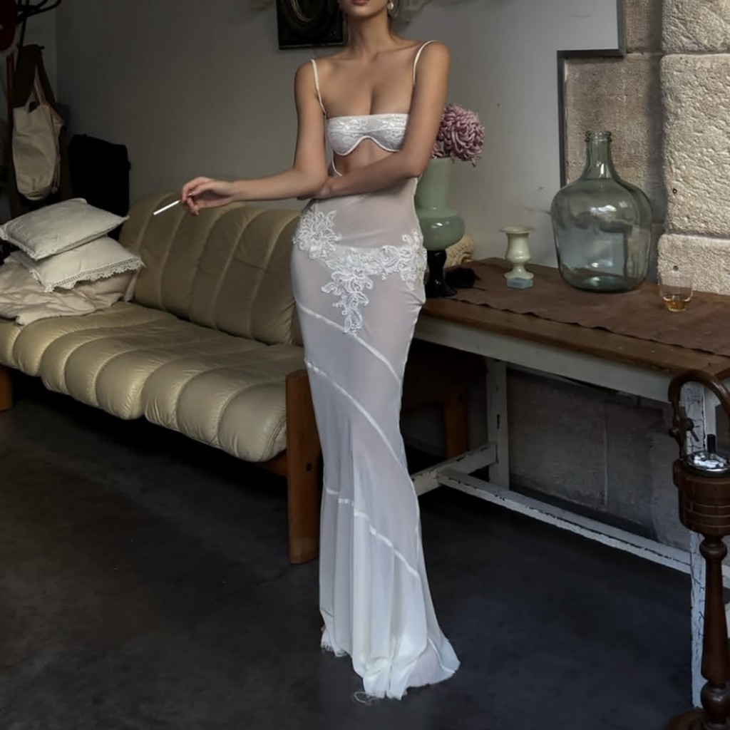 Đầm maxi nữjacquard chắp vá lưng gợi cảm có viền rỗng, phù hợp cho kỳ nghỉ sang trọng