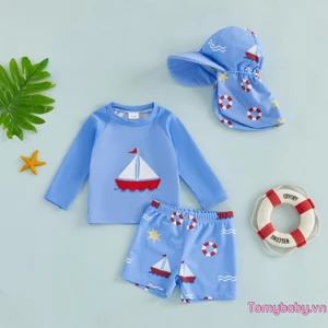Bộ đồ bơi khô nhanh 3 mảnh cho bé trai Bộ đồ bơi dài tay thêu thuyền buồm + Quần bơi + Bộ đồ tắm mũ chống nắng