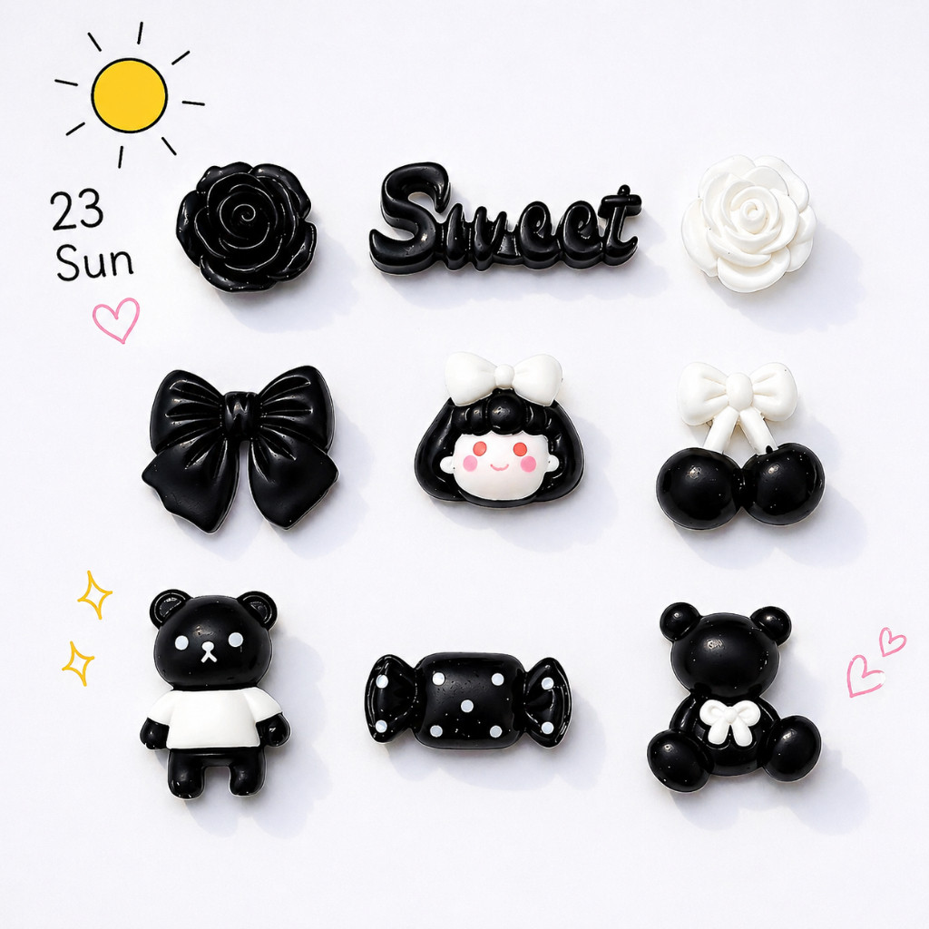[CHARM ĐỘC QUYỀN] Noir Sweet Bear Charm Set Đen Trắng Cao Cấp Phong Cách Hàn Quốc Gắn Dép Crocs Trang Trí Siêu dễ thương