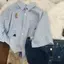 Áo sơ mi ngắn tay thêu kẻ sọc hoạt hình màu xanh lam dành cho nữ Áo sơ mi phong cách Preppy POLO Top
