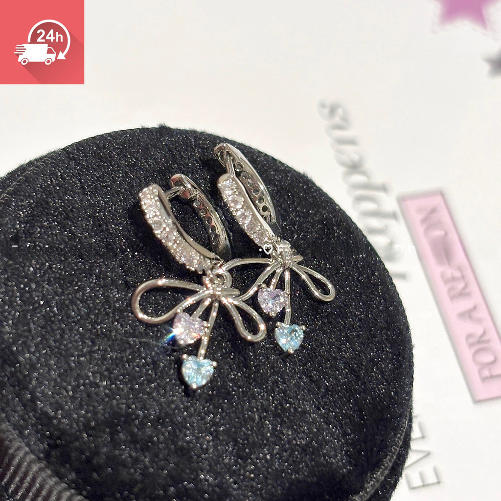 Thời trang khí chất nơ tình yêu zircon tinh tế đầy đủ kim cương cá tính bông tai nữ đa năng