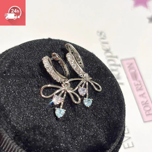 Thời trang khí chất nơ tình yêu zircon tinh tế đầy đủ kim cương cá tính bông tai nữ đa năng