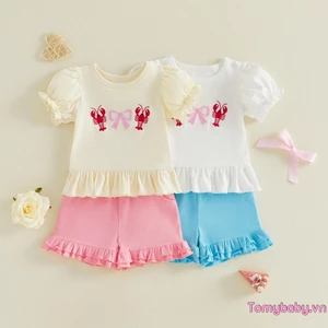 Bộ áo liền quần ngắn tay thêu nơ tôm hùm + quần Short trang phục mùa hè 2 mảnh