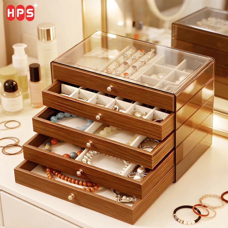 Hộp Đựng Trang Sức HomeMate Gỗ Lót Nhung Cao Cấp, Khay Đựng Nhẫn Dây Chuyền Bông Tai 3 Tầng Nắp Trong Suốt