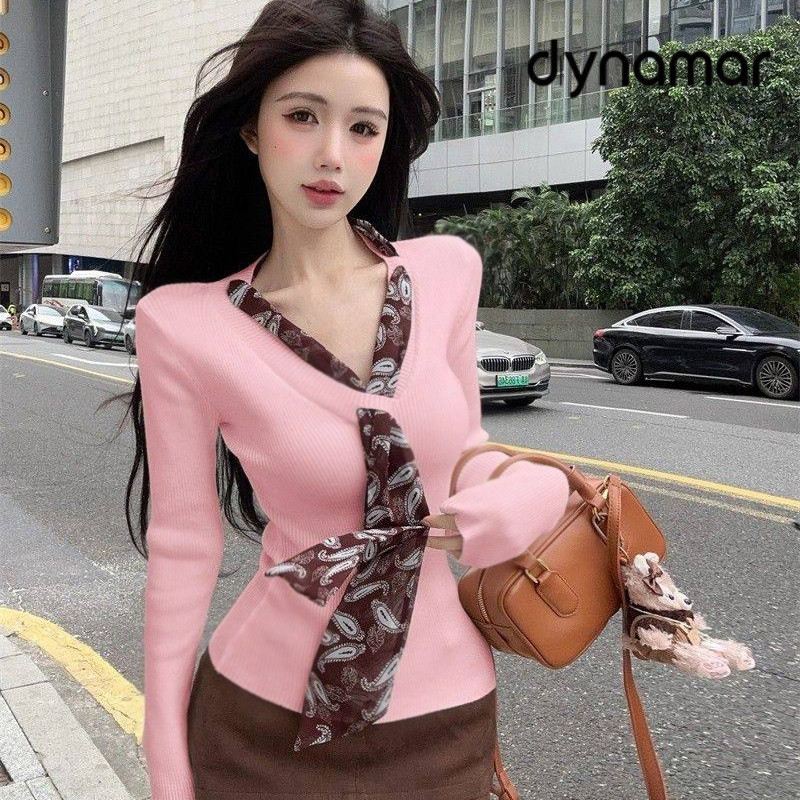 【dynamar】Áo len nữ cổ chữ V thanh lịch, sang trọng với dây ruy băng dài, kiểu dáng ôm sát.