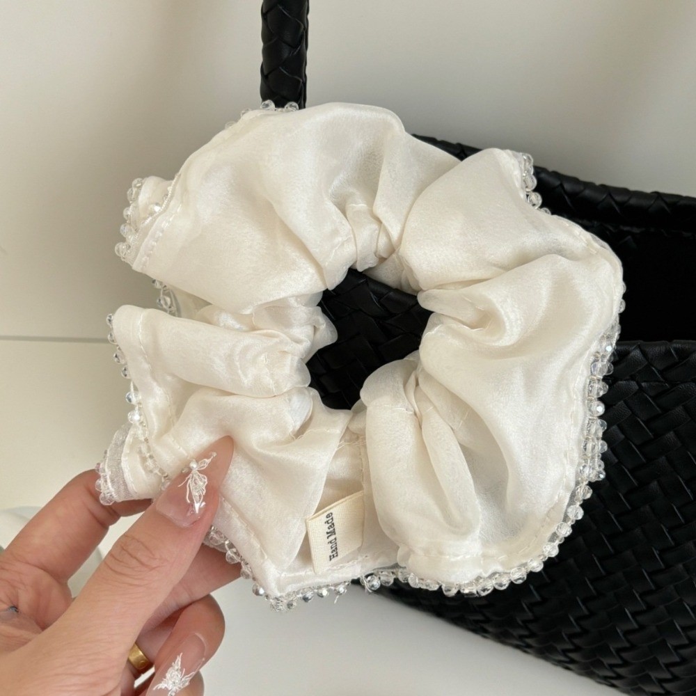 Hululu / {Soft Cream Satin} Crystal Seaming Dây buộc tóc ruột lớn Ngọc trai Satin Thời trang Nhẹ nhàng Con gái Phong cách bóng Dây cao su da đầu