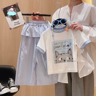 Bộ đồ bé gái – Áo thun in hình + quần ống rộng cotton, phong cách dễ thương, mùa hè thoáng mát