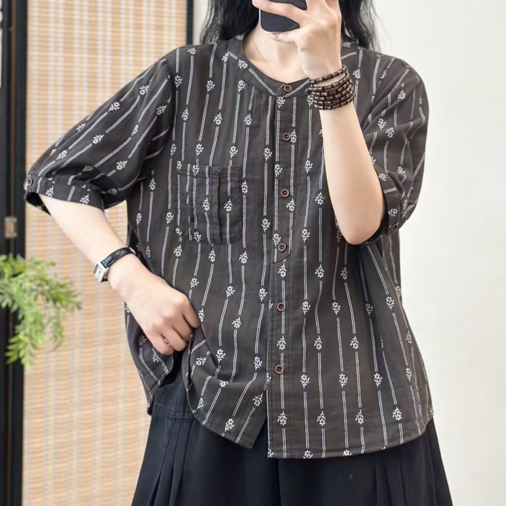 Áo sơ mi nữ cotton dáng rộng size lớn họa tiết hoa văn học cổ điển Cardigan tay ngắn