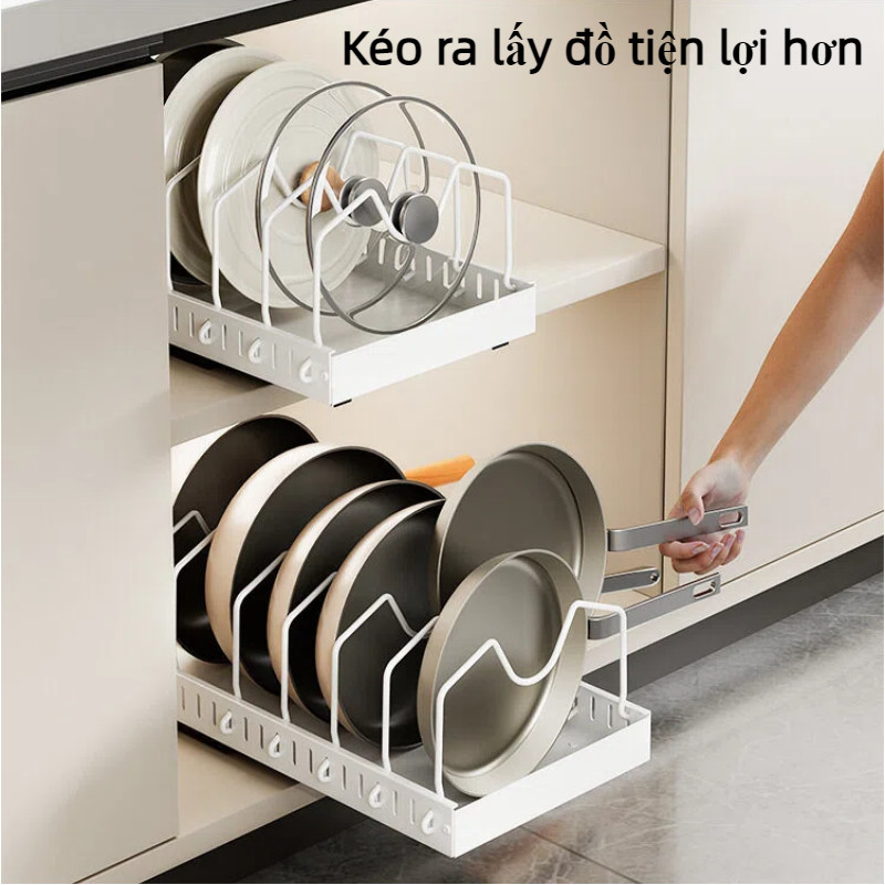 Kệ kéo trượt, kệ đựng nồi chảo, giá để nồi, không khoan lỗ, tặng keo nano, chống gỉ, tặng keo nano
