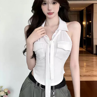 Áo thun nữ không tay cổ polo buộc dây dáng ngắn 2026 Hè Hẹn hò