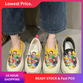 Plus Size Graffiti Giày Vải Nữ 2025 Mới Đầu Tròn Muffin Đáy Slipon